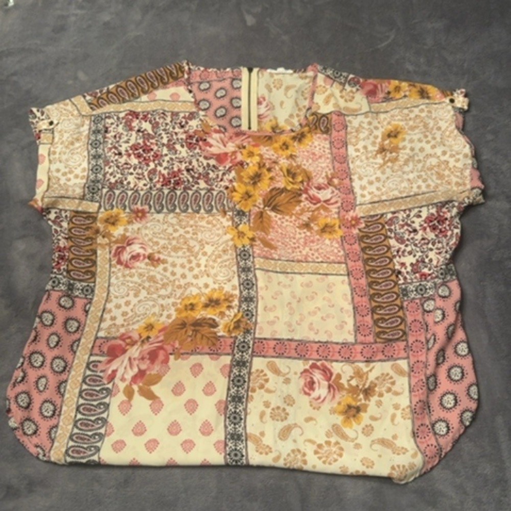 Unbranded Blouse Women XL Pink Floral Paisley Print Back Zip Relaxed Fit Summer